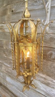 Vintage Spanish Revival Gothic Pendant Light Fixture Gold Iron Hanging Chandelier